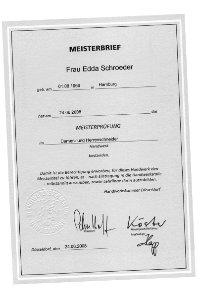 Meisterbrief Damen- und Herrenschneiderhandwerk Edda Schroeder